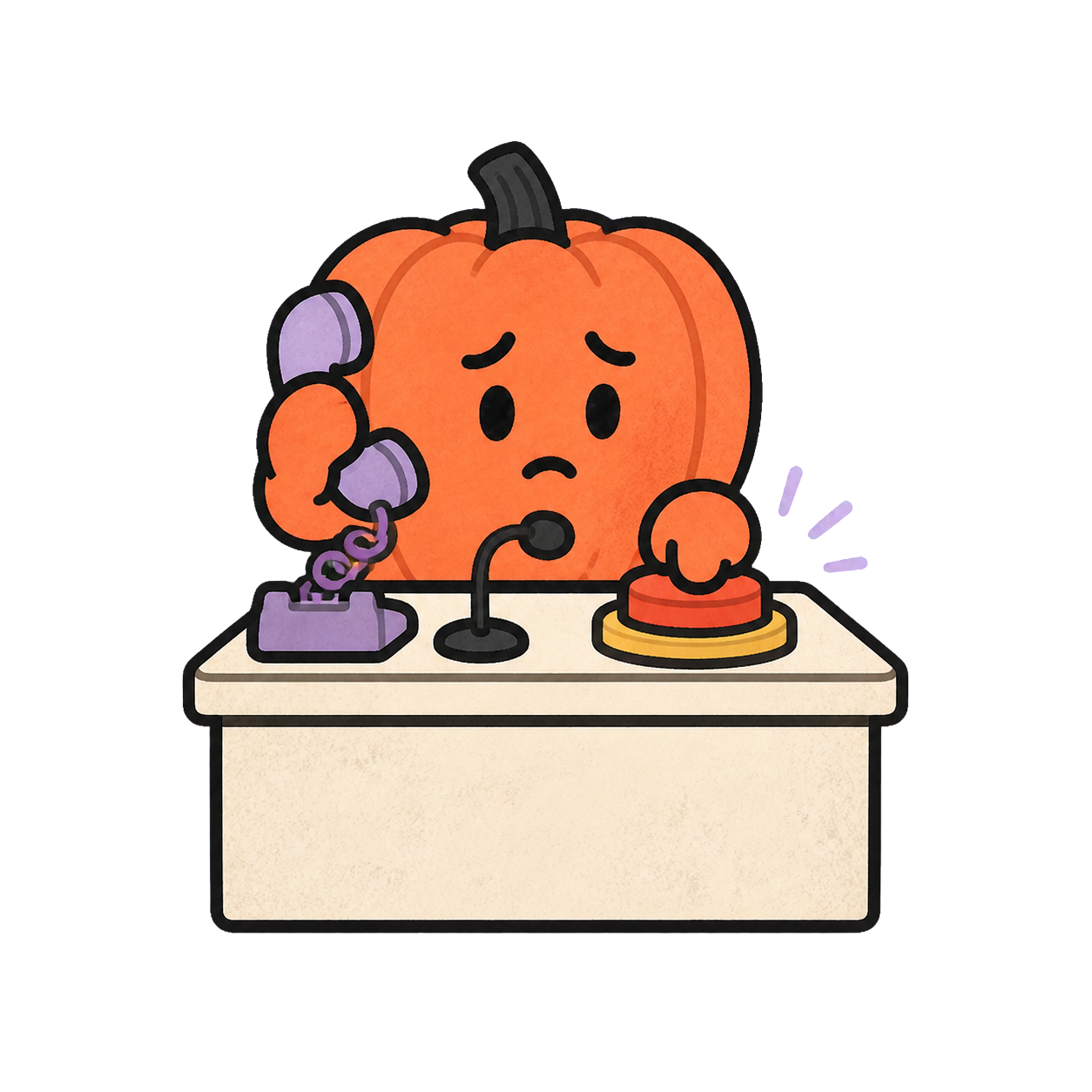 Pumpkin Soft Panic mascot at an emergency desk