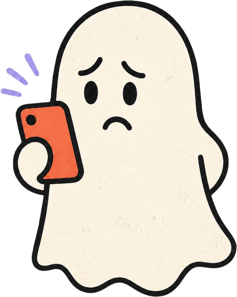 Worried ghost holding a phone for the Department of Ghosting